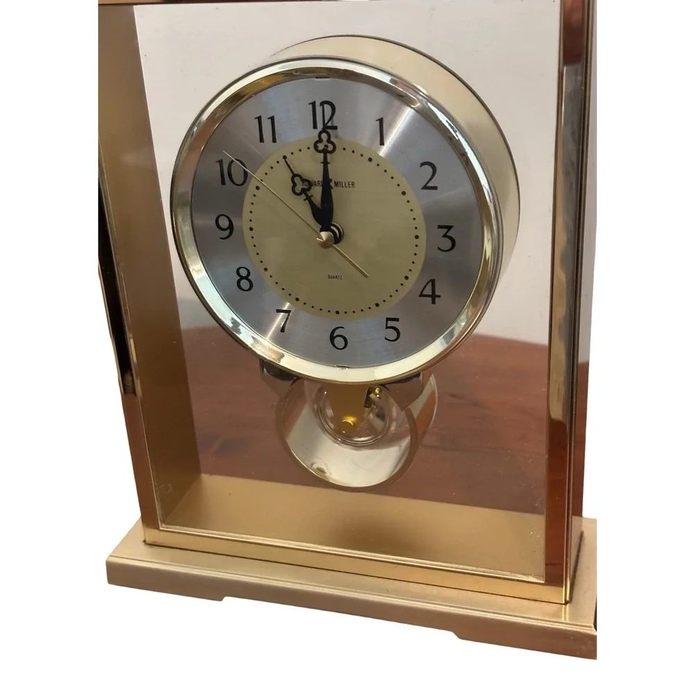 Vintage Howard Miller Clock Quartz Desk Mantle Brass Tone Glass Japan